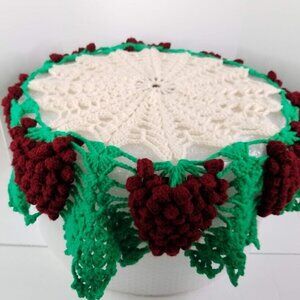 Grapes Crochet Table Cover 37" Tablecloth Handcrafted Burgundy Green Boho Hippie